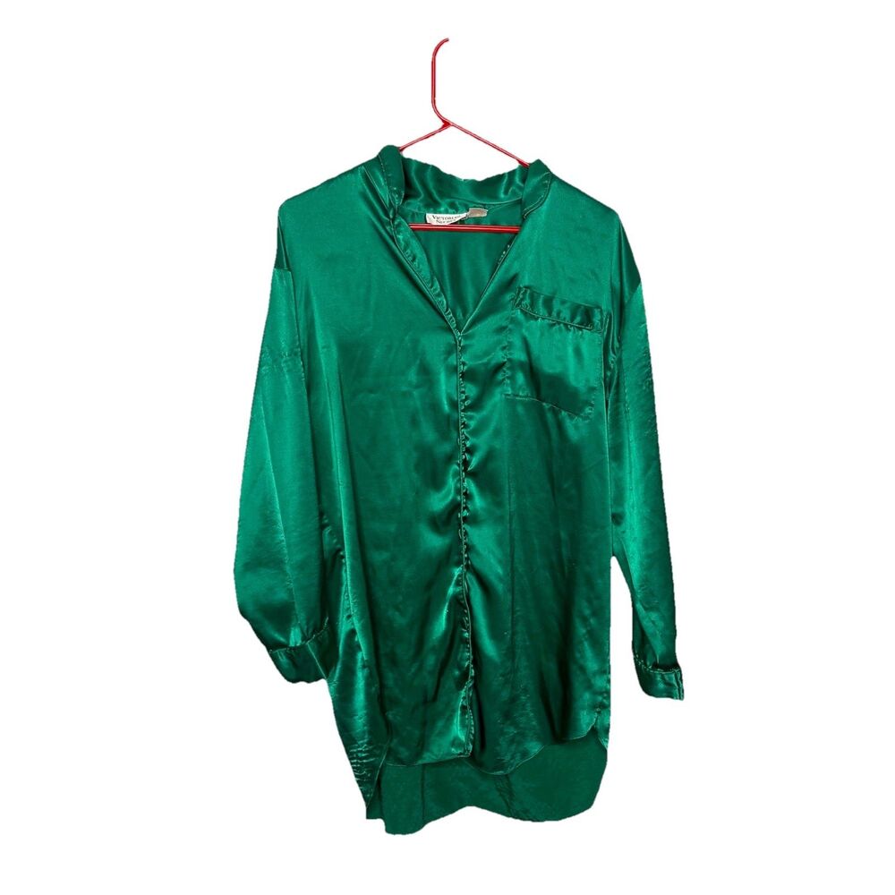 Vtg Victoria’s Secret Gold Label Satin Pajama Top Emerald Green Long Sleeves M/L